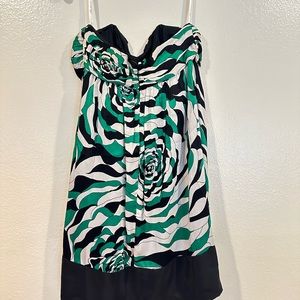 Green and black floral strapless dress